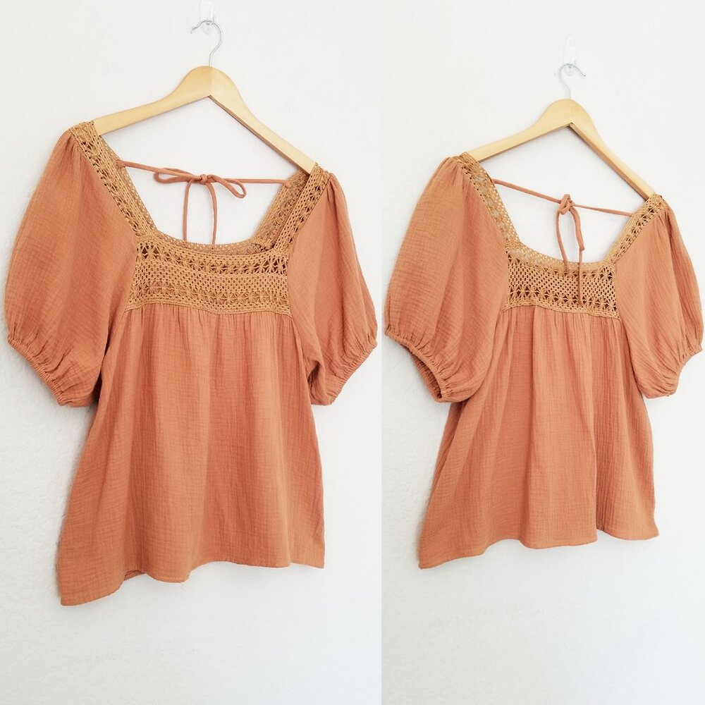 Bluivy Women's S Boho Crochet Lace Puff Sleeves Blouse Square Neck Camel Cotton - Picture 14 of 14